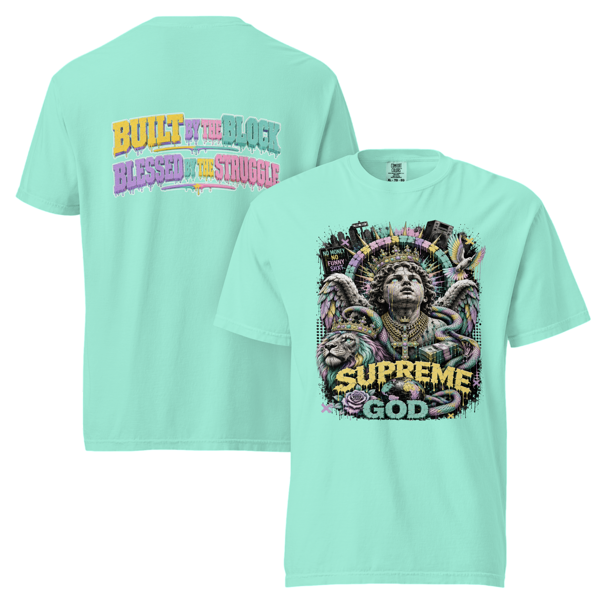 SUPREME GOD Built By The Block Graphic Tee chalky mint front and back mockup